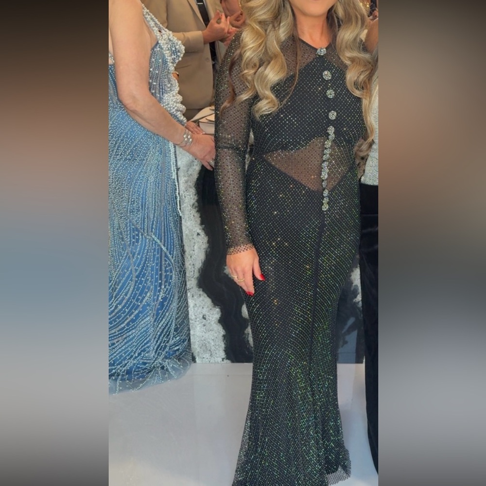 Self-Portrait Black Crystal Rhinestone Fishnet Maxi Gown Dress